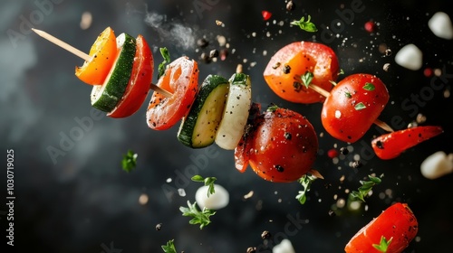 Colorful Vegetable Kebab Skewered Mid Air photo