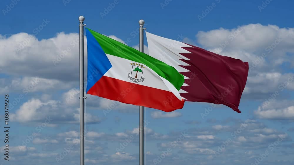 Qatar and Equatorial Guinea flags flying together, video concept of the relationship, two country cooperation concept Qatar and Equatorial Guinea flags flying together, video concept of the relationship, two country cooperation concept
