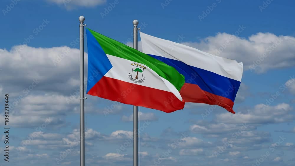 Russian Federation and Equatorial Guinea flags flying together, video concept of the relationship Russian Federation and Equatorial Guinea flags flying together, video concept of the relationship