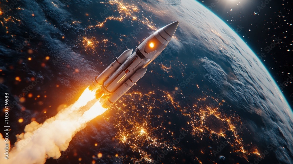 Fototapeta premium Rocket soaring past Earth into the starry universe.