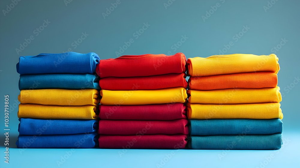 Stacked colorful folded clothes in vibrant hues against a blue background. Stacked colorful folded clothes in vibrant hues against a blue background.
