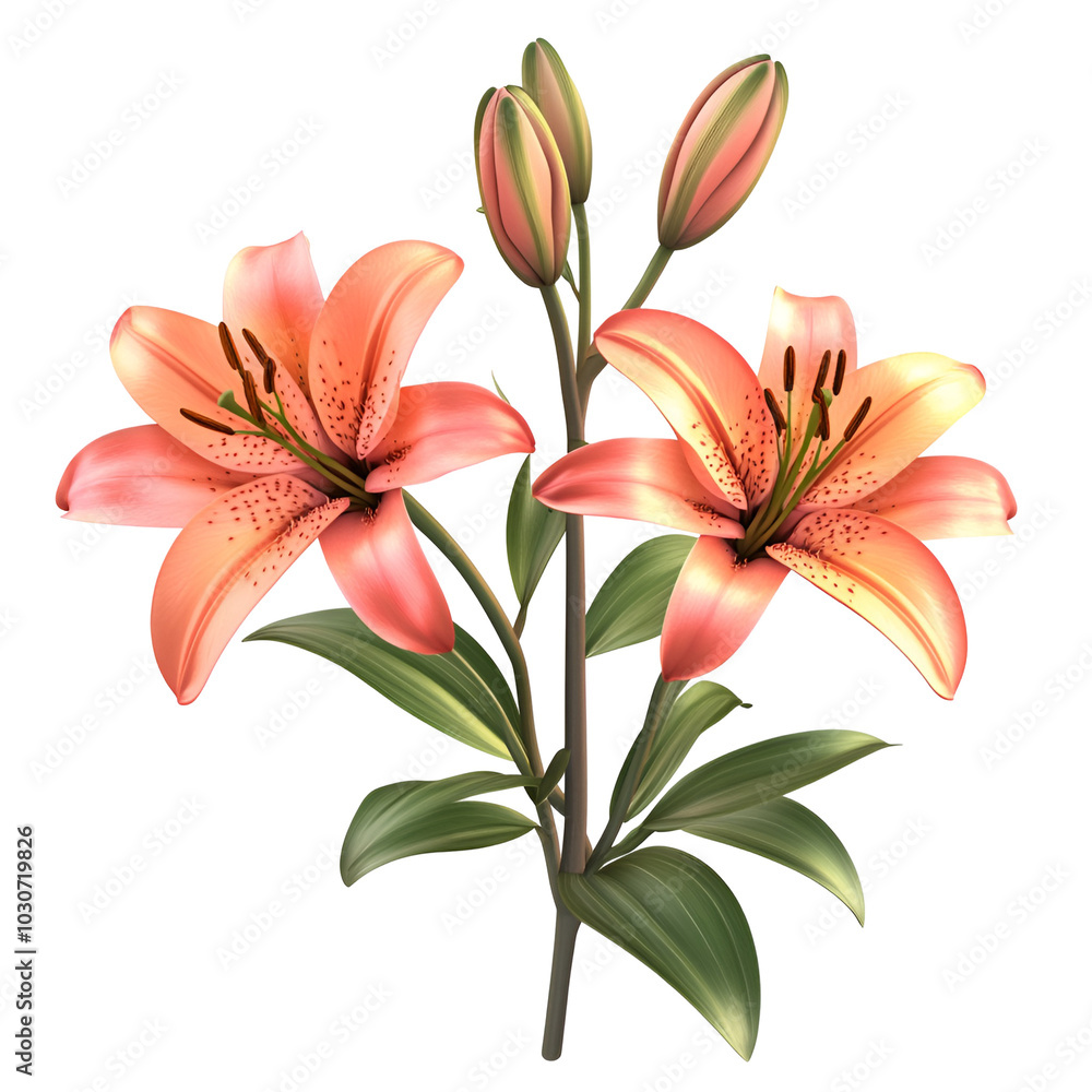 Two Pink Lilies with Green Leaves and Buds Two Pink Lilies with Green Leaves and Buds