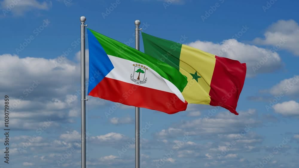 Republic of Senegal and Equatorial Guinea flags flying together, video concept of the relationship, two country cooperation concept Republic of Senegal and Equatorial Guinea flags flying together, video concept of the relationship, two country cooperation concept