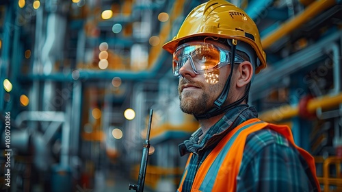 Engineer in a safety helmet overlaid with an oil plant in double exposure, representing the synergy of industrial, technology, safety, and environmental work concepts with gasoline. High resolution