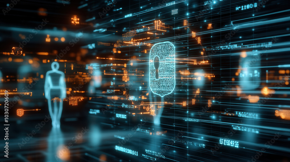 conceptual image of secure digital ecosystem featuring lock symbol and data streams. visual conveys sense of safety and advanced technology in digital environment conceptual image of secure digital ecosystem featuring lock symbol and data streams. visual conveys sense of safety and advanced technology in digital environment