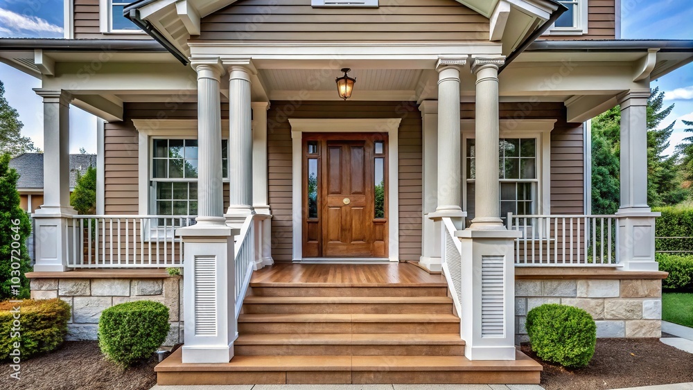 Front entry way of house with PVC trim woodwork columns and deck Front entry way of house with PVC trim woodwork columns and deck