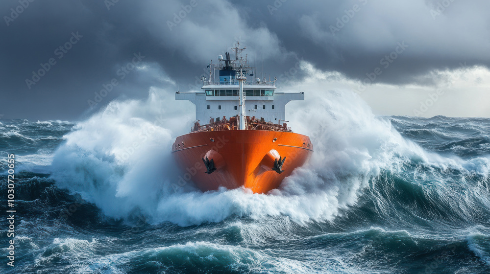 Cargo ship surges through the stormy ocean waves Cargo ship surges through the stormy ocean waves