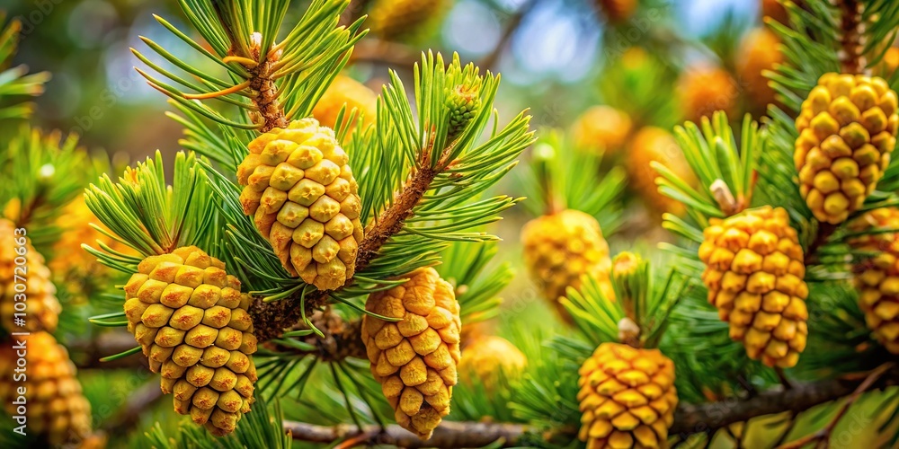Fresh pine cones on pine tree branches in forest in spring Fresh pine cones on pine tree branches in forest in spring