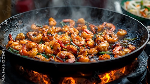 Sizzling Shrimp Cooking in Hot Pan with Smoke