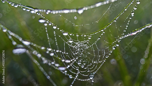 macro view of raindrops on a spider web, reflecting tiny rainbows against a blurred natural background