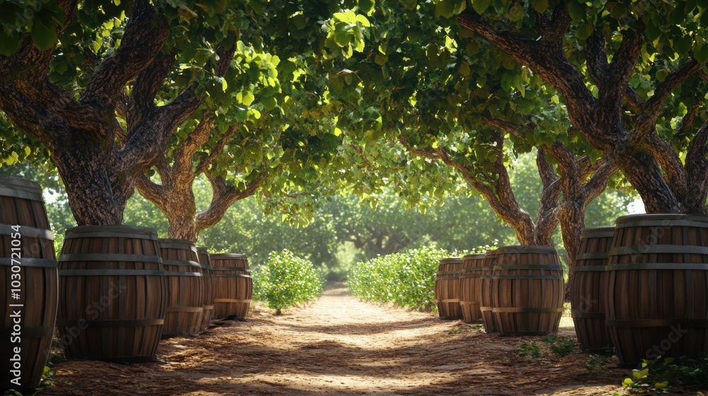 Wooden barrels lined up under a canopy of trees, with dappled sunlight and a serene nature background adding to the rustic charm. Wooden barrels lined up under a canopy of trees, with dappled sunlight and a serene nature background adding to the rustic charm.