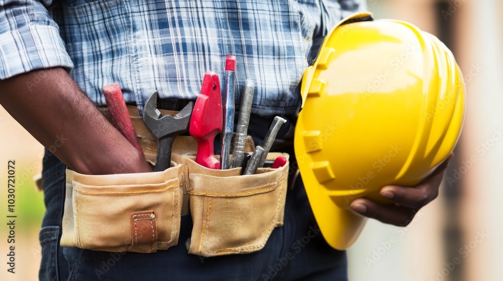 A construction worker wearing a tool belt with a hard hat in hand. A construction worker wearing a tool belt with a hard hat in hand.