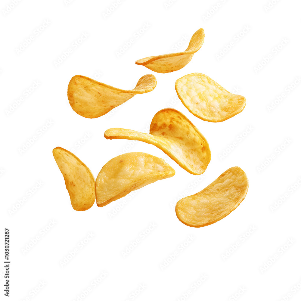 Golden Potato Chips Falling Against Black Golden Potato Chips Falling Against Black