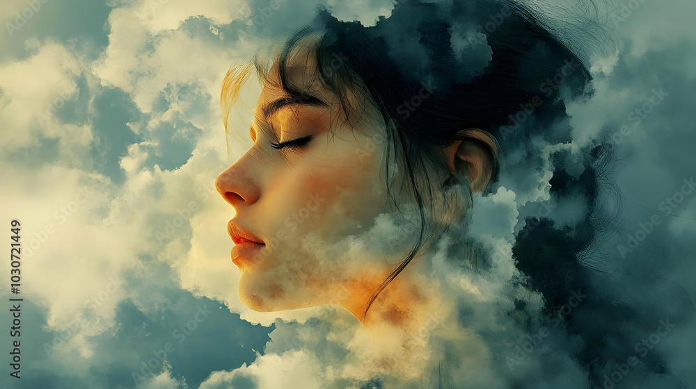 A serene profile of a woman surrounded by ethereal clouds. A serene profile of a woman surrounded by ethereal clouds.