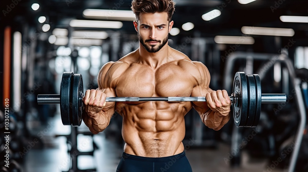 Athletic man performing dumbbell presses in a fitness center, with professional equipment in the background, highlighting physical fitness Athletic man performing dumbbell presses in a fitness center, with professional equipment in the background, highlighting physical fitness