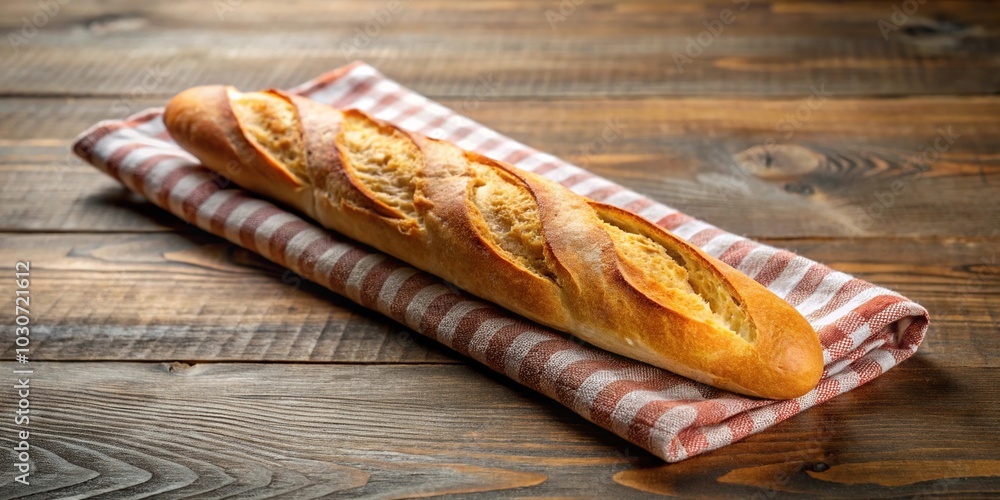 Freshly baked French baguette on a table with a napkin, perfect for any meal Freshly baked French baguette on a table with a napkin, perfect for any meal