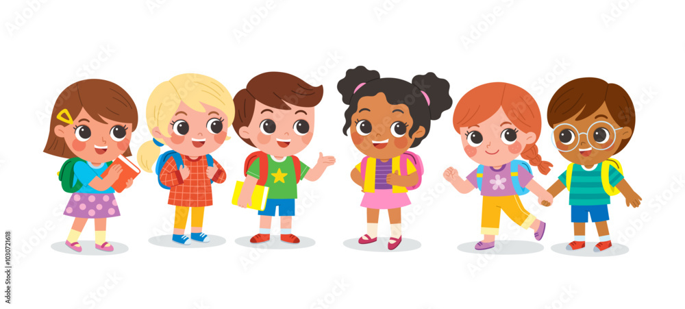 Group of elementary school children standing in the classroom and talking to each other. Cute kids communicating with each other. Happy boys and girls meet and make friends at school. Group of elementary school children standing in the classroom and talking to each other. Cute kids communicating with each other. Happy boys and girls meet and make friends at school.