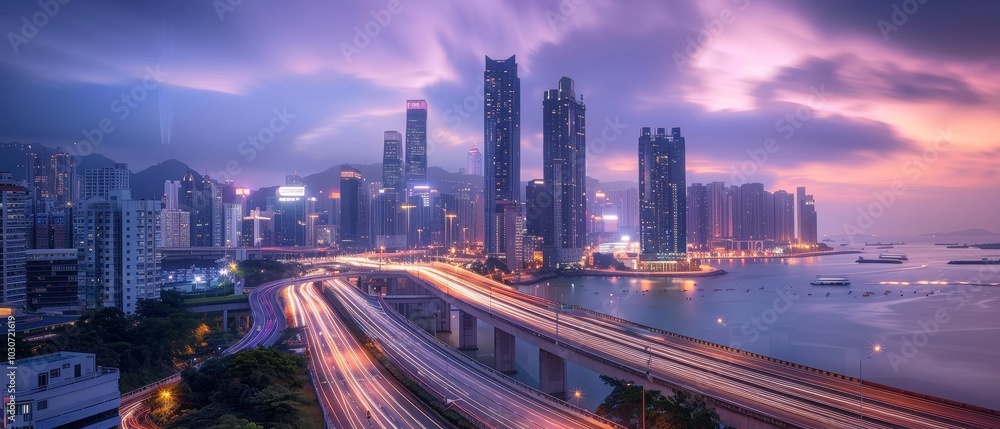 Fototapeta premium Cityscape at Twilight with Traffic Trails