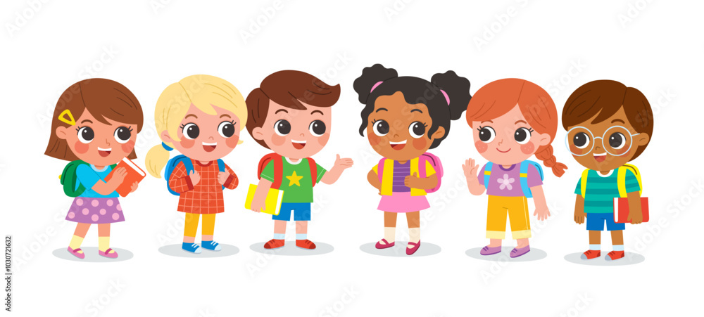 Group of elementary school children standing in the classroom and talking to each other. Cute kids communicating with each other. Happy boys and girls meet and make friends at school. Group of elementary school children standing in the classroom and talking to each other. Cute kids communicating with each other. Happy boys and girls meet and make friends at school.