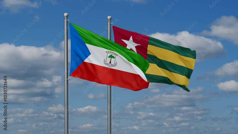Togo, Togolese Republic and Equatorial Guinea flags flying together, video concept of the relationship, two country cooperation concept Togo, Togolese Republic and Equatorial Guinea flags flying together, video concept of the relationship, two country cooperation concept