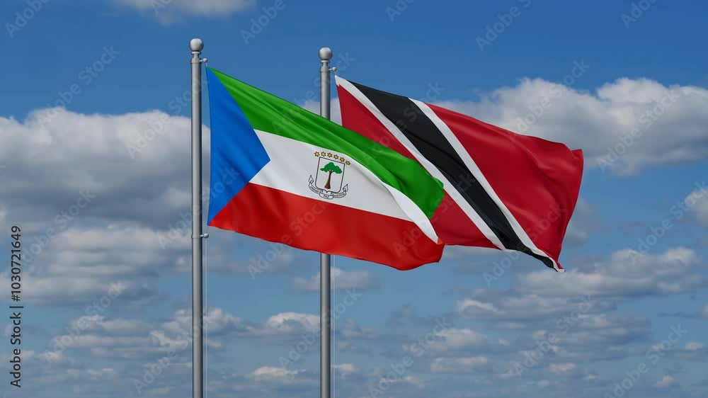 Trinidad and Tobago and Equatorial Guinea flags flying together, video concept of the relationship, two country cooperation concept Trinidad and Tobago and Equatorial Guinea flags flying together, video concept of the relationship, two country cooperation concept