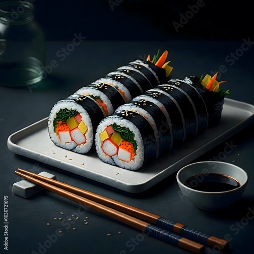 Exquisite vegetarian sushi rolls with vibrant vegetables and soy sauce on dark background