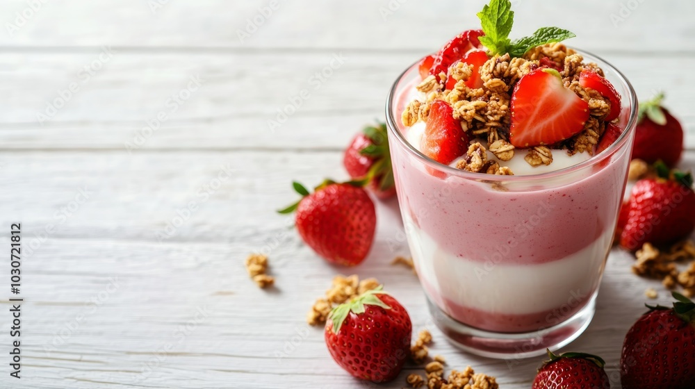 A glass parfait with layers of strawberry yogurt, vanilla yogurt, and granola topped with fresh strawberries and a sprig of mint, on a white wooden table.