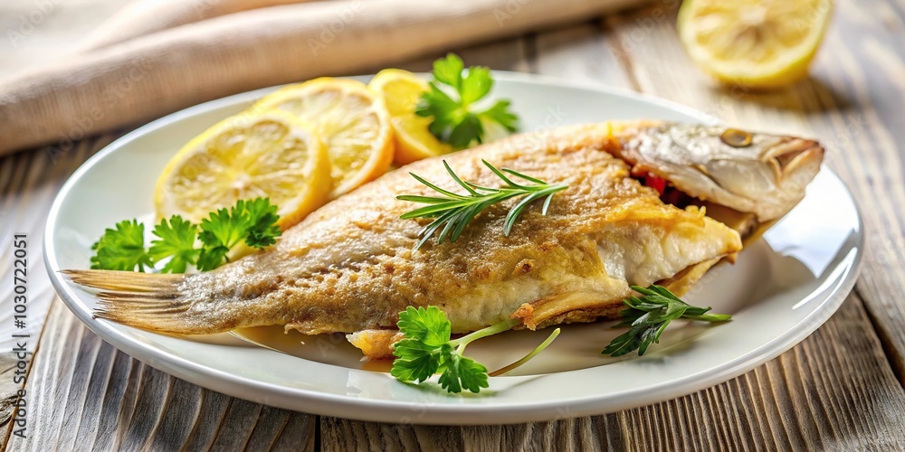 Fried white fish on plate with selective focus Fried white fish on plate with selective focus