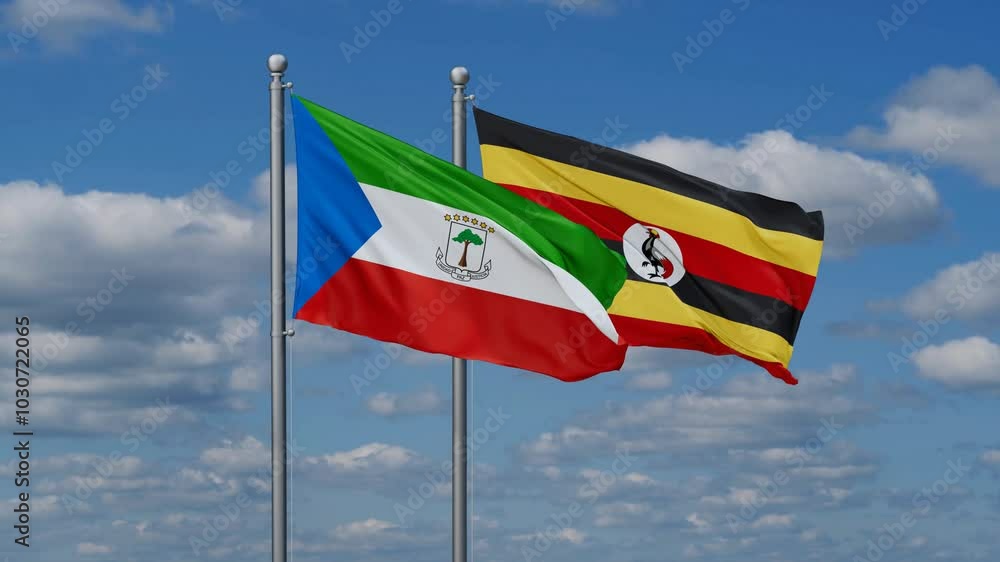 Republic of Uganda and Equatorial Guinea flags flying together, video concept of the relationship, two country cooperation concept Republic of Uganda and Equatorial Guinea flags flying together, video concept of the relationship, two country cooperation concept