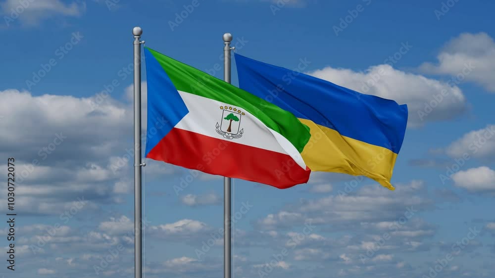 Ukraine and Equatorial Guinea flags flying together, video concept of the relationship, two country relations concept Ukraine and Equatorial Guinea flags flying together, video concept of the relationship, two country relations concept