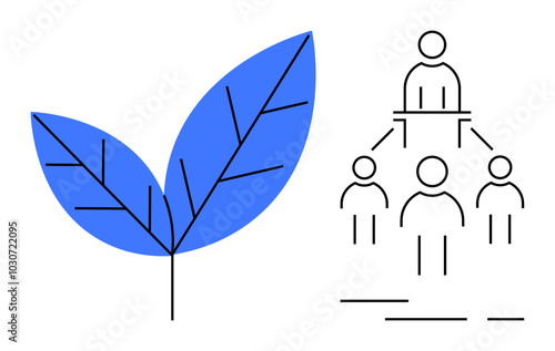 Blue leaf symbol next to a schematic hierarchical structure of people represents the themes of nature, organisation, teamwork, ecology, and leadership. Ideal for ecology, teamwork, natural resources
