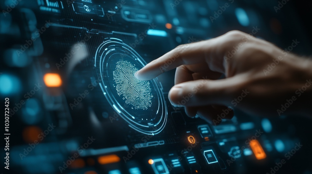 A hand points at a futuristic digital fingerprint scan on a computer screen. A hand points at a futuristic digital fingerprint scan on a computer screen.