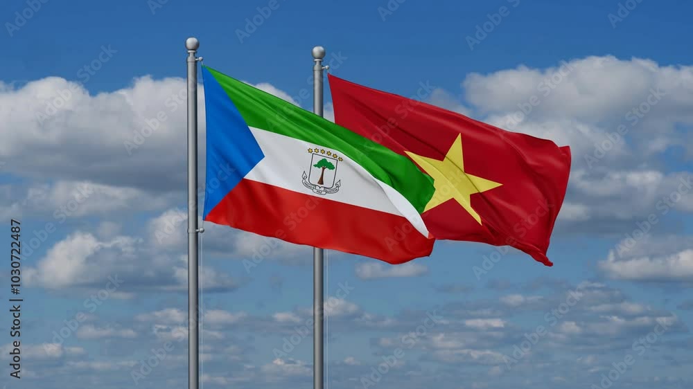Vietnam and Equatorial Guinea flags flying together, video concept of the relationship Vietnam and Equatorial Guinea flags flying together, video concept of the relationship