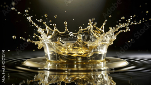 Wallpaper Mural Golden liquid splashes dramatically upward, forming a crown shape with droplets suspended in mid-air. The dark background contrasts with the bright, reflective quality of the liquid. AI generated. Torontodigital.ca