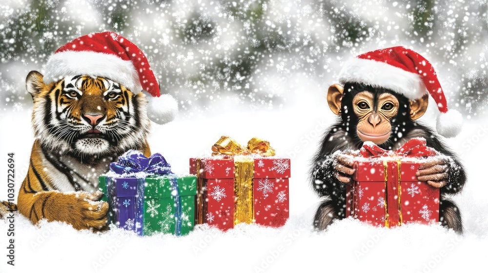 Cartoon tiger and monkey wearing Santa hats, holding colorful gifts in the snow, with a bright, festive atmosphere Cartoon tiger and monkey wearing Santa hats, holding colorful gifts in the snow, with a bright, festive atmosphere