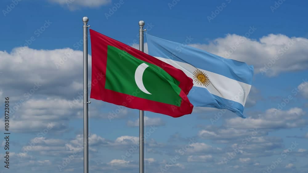 Argentina and Maldives flags flying together, video concept of the relationship, two country relations concept Argentina and Maldives flags flying together, video concept of the relationship, two country relations concept