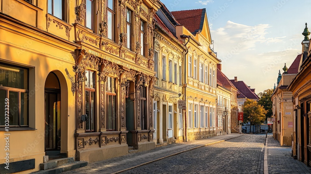 Fototapeta premium A narrow cobblestone street lined with historic buildings in a European city, bathed in the golden light of sunrise.
