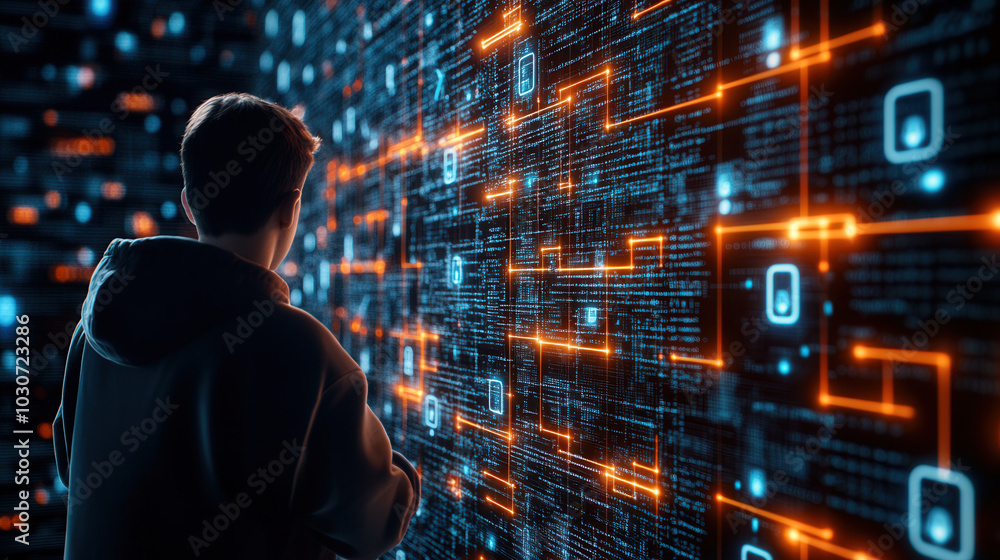 hacker stands in front of glowing wall of encrypted data, immersed in digital world filled with vibrant lines and patterns. atmosphere is intense and futuristic, reflecting complexity of technology hacker stands in front of glowing wall of encrypted data, immersed in digital world filled with vibrant lines and patterns. atmosphere is intense and futuristic, reflecting complexity of technology