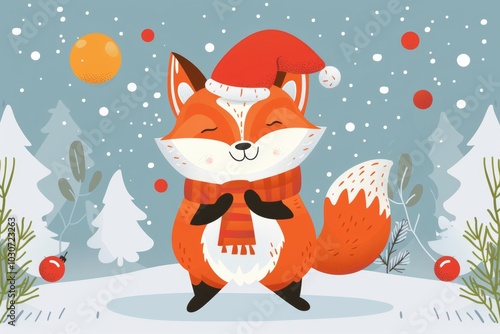 Festive fox in santa hat amidst snowy pines photo