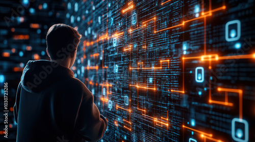 hacker stands in front of glowing wall of encrypted data, immersed in digital world filled with vibrant lines and patterns. atmosphere is intense and futuristic, reflecting complexity of technology