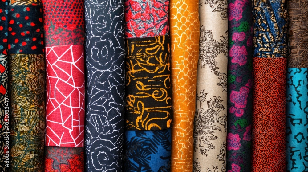 African fabric patterns, top view of bold designs and textures with a central copy space area