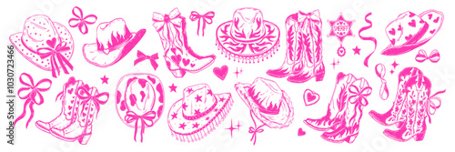 Coquettish cowgirl hat set, vector pink girly cowboy boots wild west traditional clothes ribbon bow. Groovy hand drawn party costume Texas American shoes doodle fashion. Cowgirl hat bachelorette print
