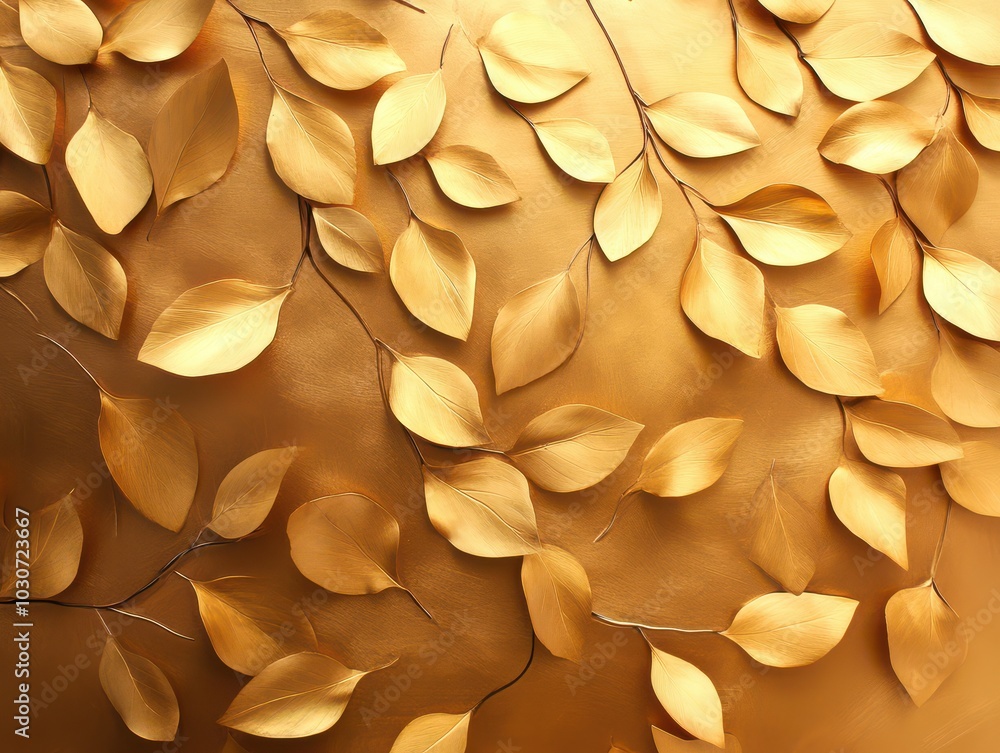 Golden leaves on a textured background, creating an elegant and luxurious atmosphere. Golden leaves on a textured background, creating an elegant and luxurious atmosphere.