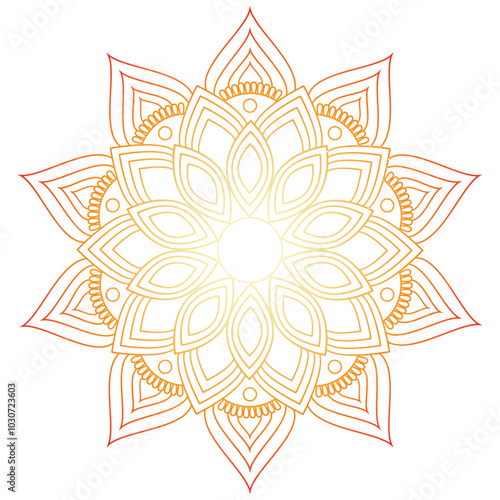 Circular decorative mandala or rangoli pattern with an yellow to red color gradient