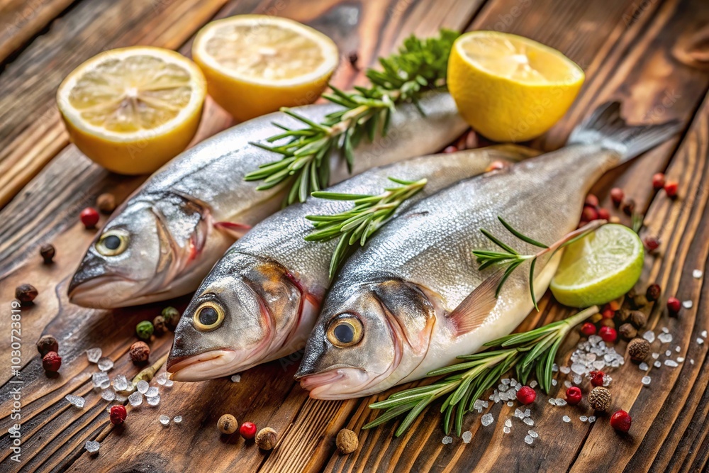 Fresh raw fish with spices, lemon, and rosemary on wooden background Fresh raw fish with spices, lemon, and rosemary on wooden background