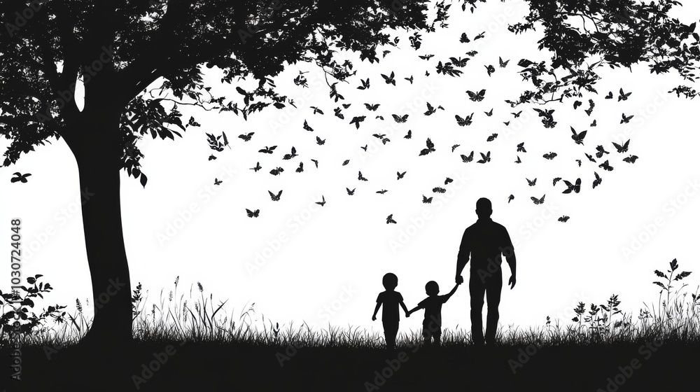 Silhouette of Family Walking in Nature Silhouette of Family Walking in Nature