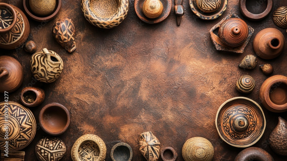 African pottery pieces arranged in a top view with space for copy African pottery pieces arranged in a top view with space for copy