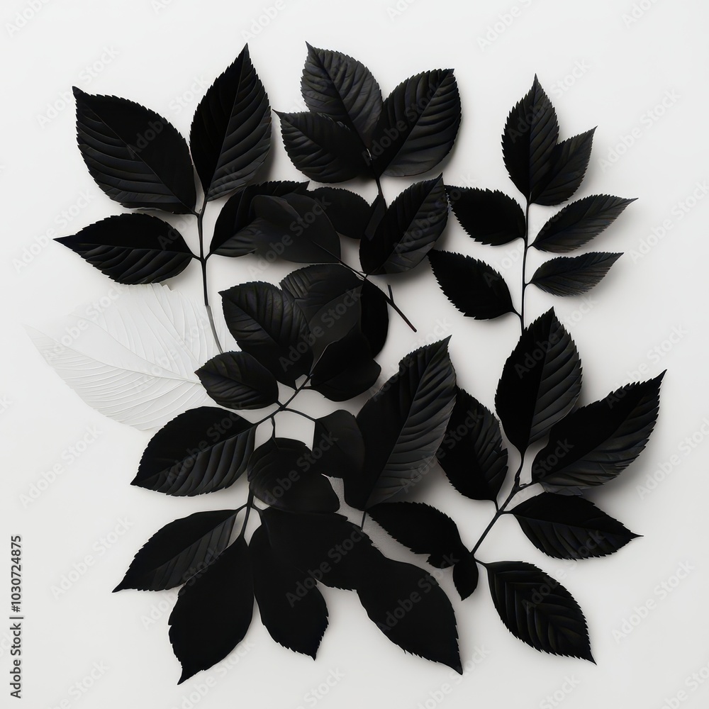 Black leaves arranged artistically on a white background, creating a striking contrast and elegant visual appeal. Black leaves arranged artistically on a white background, creating a striking contrast and elegant visual appeal.