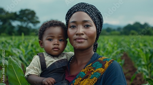 A young African mother holds her baby in a cornfield, their eyes looking directly at the camera with a gentle and determined expression.