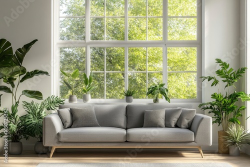 Interior of light living room with grey sofas, window and houseplant - generative ai